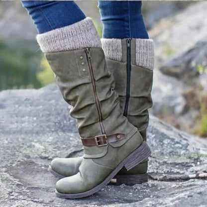 🎁Last Day  50% OFF❄️ ❤️ Women’s Leather Flat Heel Wide Mid-Calf Zipper Boots