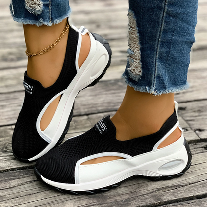 Summer Sale 50% Off❤️ Women's Lightweight Breathable Orthopedic Walking Slip-on, Black & White Camp Sneakers with Stability Support