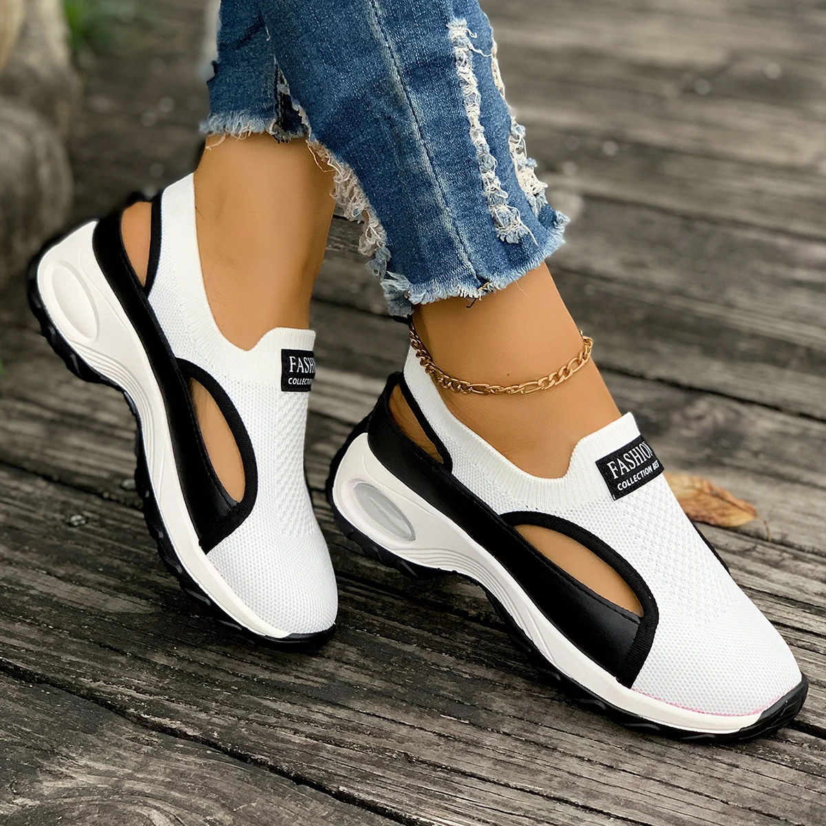 Summer Sale 50% Off❤️ Women's Lightweight Breathable Orthopedic Walking Slip-on, Black & White Camp Sneakers with Stability Support