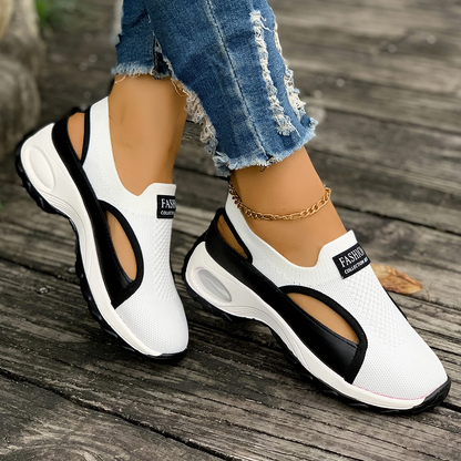 Summer Sale 50% Off❤️ Women's Lightweight Breathable Orthopedic Walking Slip-on, Black & White Camp Sneakers with Stability Support