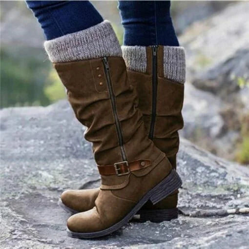 🎁Last Day  50% OFF❄️ ❤️ Women’s Leather Flat Heel Wide Mid-Calf Zipper Boots